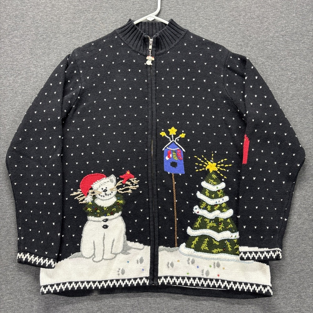 VTG Quacker Factory Cardigan Sweater Womens M Christmas Cat Kitty Snowman Knit